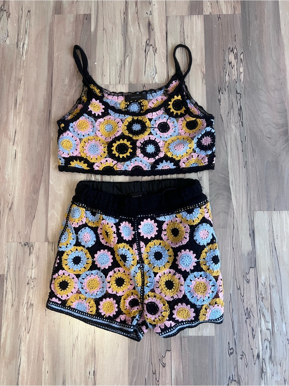 Crochet Floral Crop Tank & Shorts Coverup - Black with Pink, Blue, Yellow